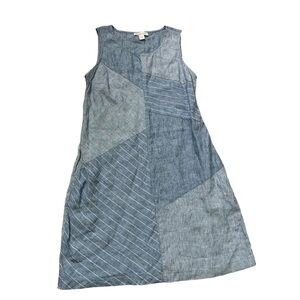 Light Blue Patchwork 100% Linen Sleeveless Dress